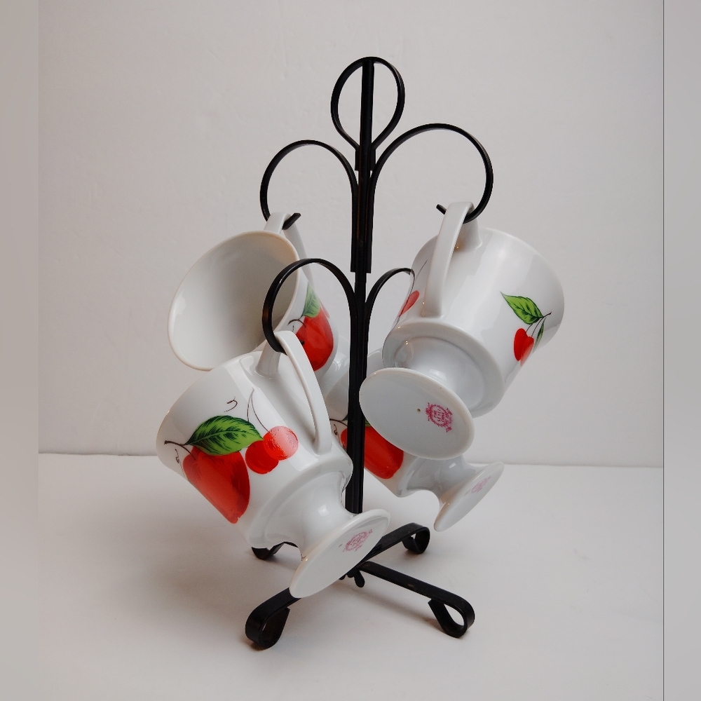 Fine Seyei Japan White Footed Mug Cup White Red Cherry Apple Retro Set of 4